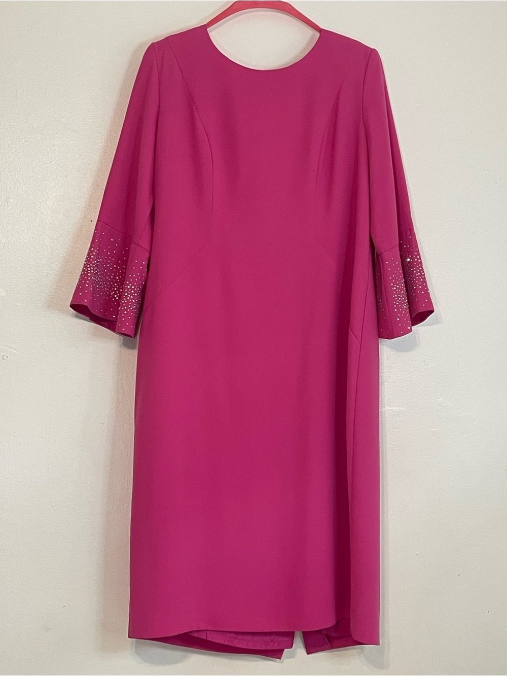 Hot Pink Rhinestone Embellished Flared Sleeve Dress Size 14 Excellent Condition
